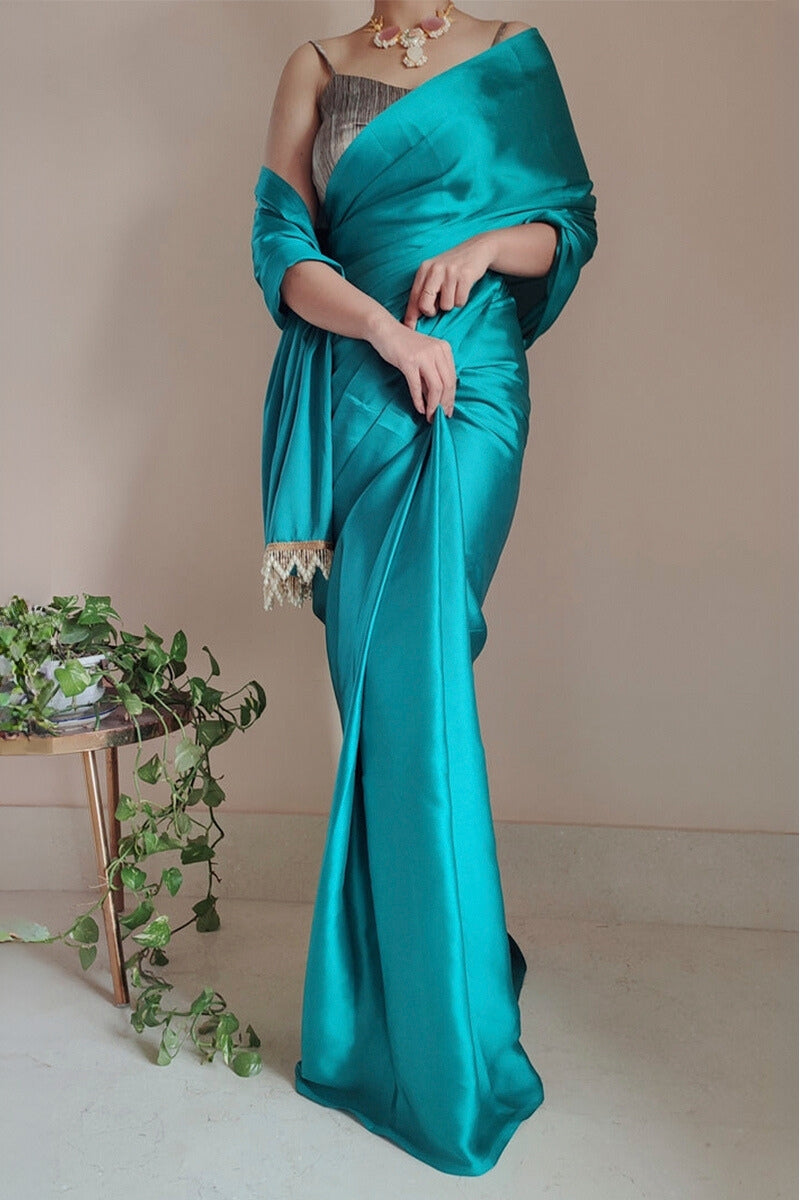 Sophisticated 1-Minute Ready To Wear Sea Green Satin Silk Saree - thelotusfab