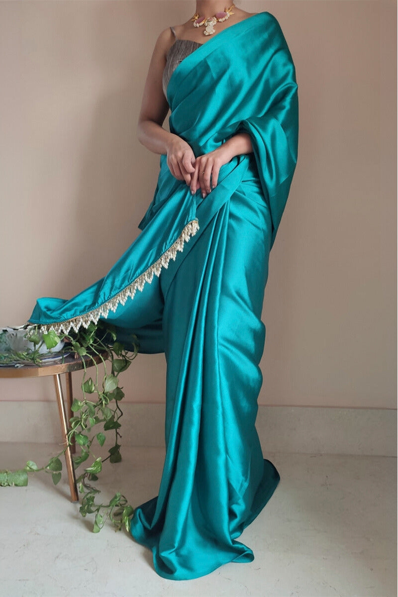 Sophisticated 1-Minute Ready To Wear Sea Green Satin Silk Saree - thelotusfab