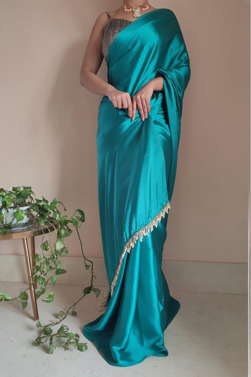 Sophisticated 1-Minute Ready To Wear Sea Green Satin Silk Saree - thelotusfab