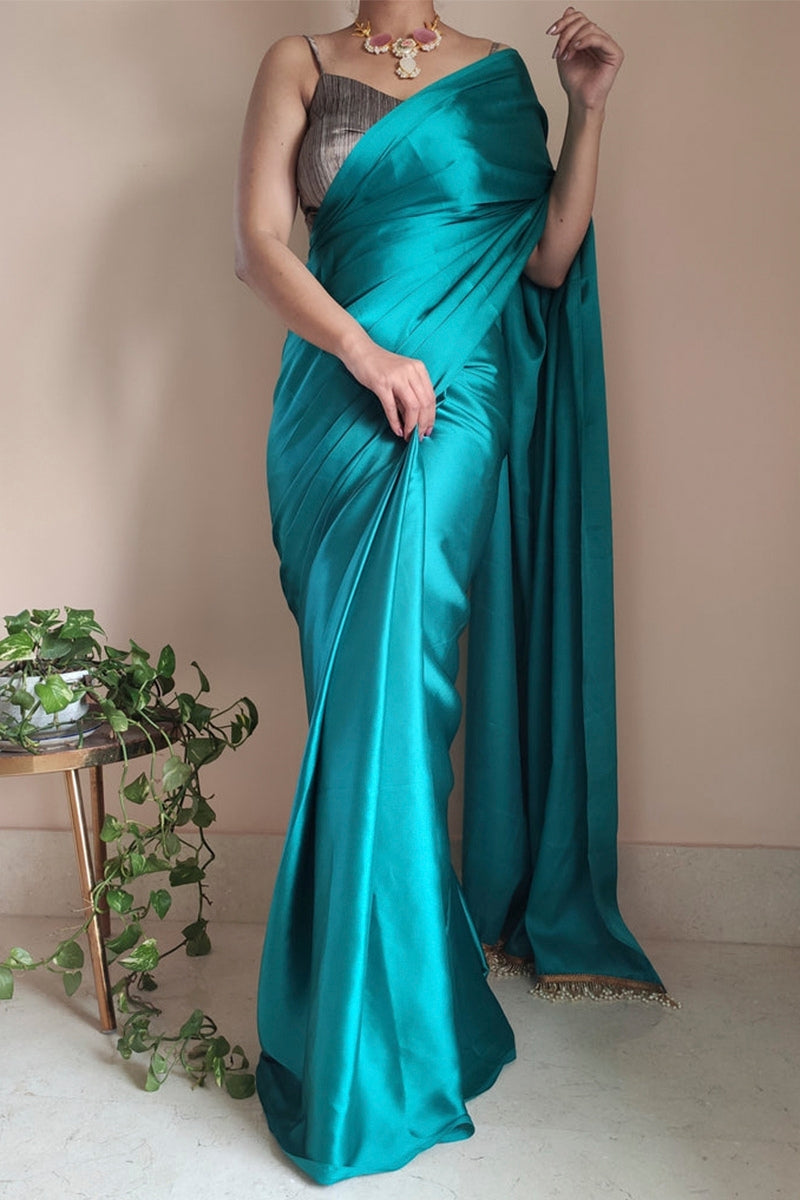 Sophisticated 1-Minute Ready To Wear Sea Green Satin Silk Saree - thelotusfab