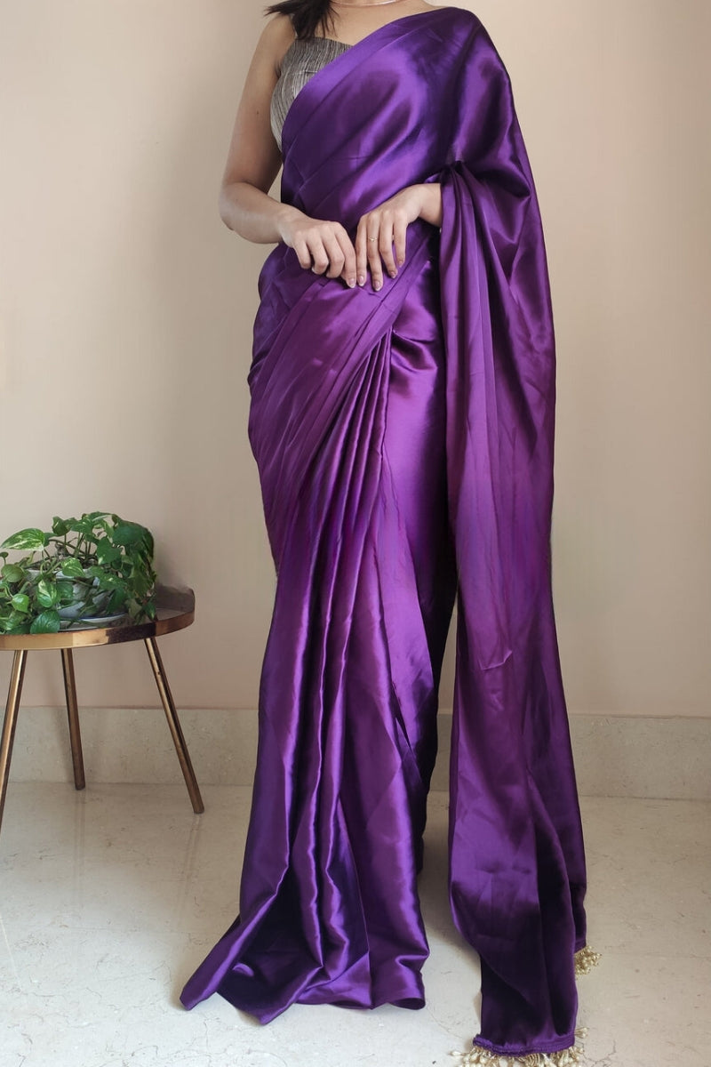 Petrichor 1-Minute Ready To Wear Violet Satin Silk Saree - thelotusfab