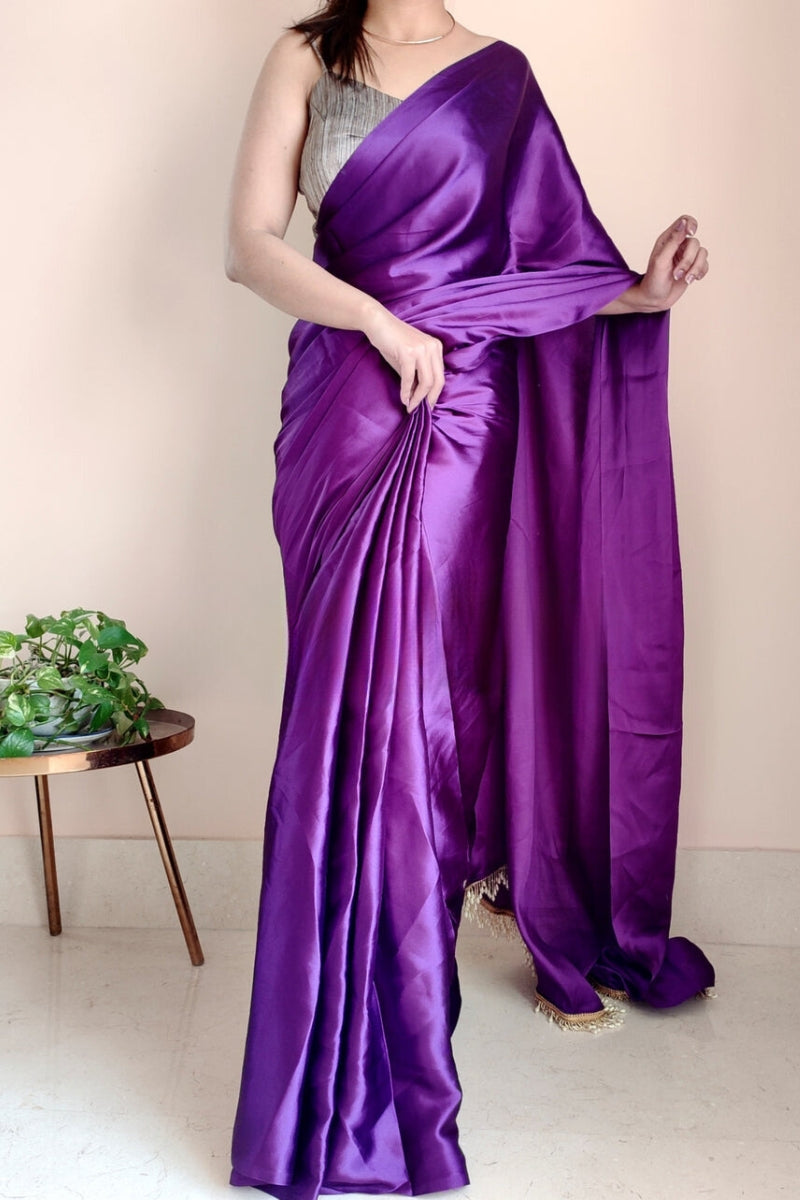 Petrichor 1-Minute Ready To Wear Violet Satin Silk Saree - thelotusfab