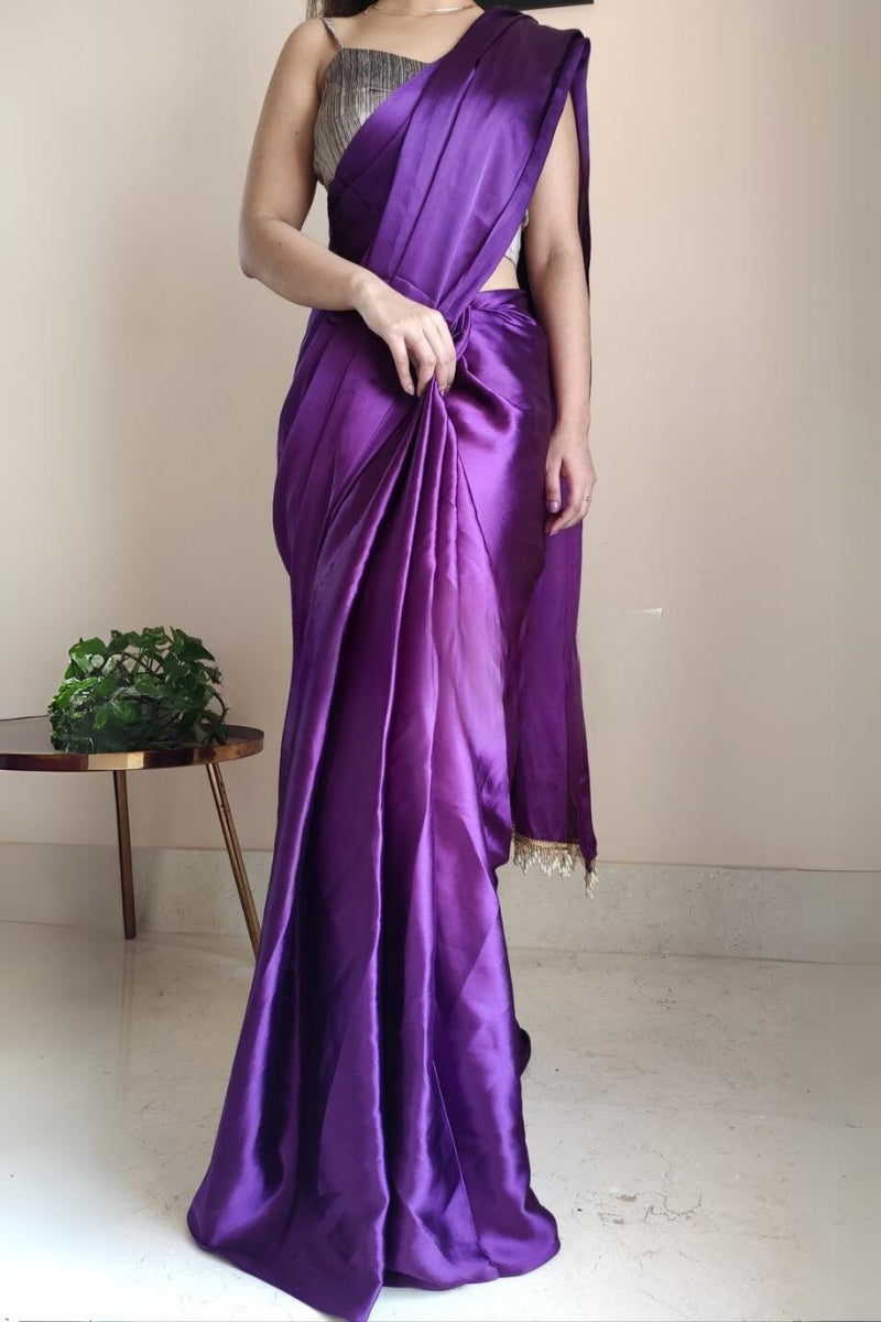 Petrichor 1-Minute Ready To Wear Violet Satin Silk Saree - thelotusfab