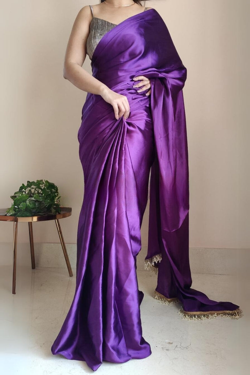 Petrichor 1-Minute Ready To Wear Violet Satin Silk Saree - thelotusfab