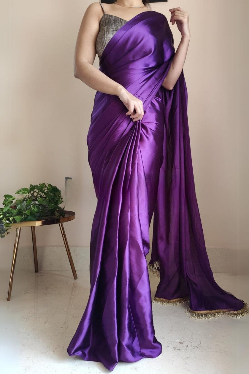 Petrichor 1-Minute Ready To Wear Violet Satin Silk Saree - thelotusfab