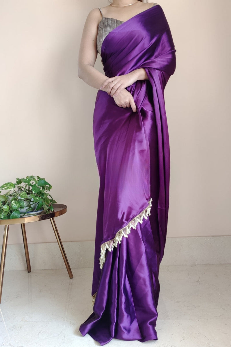 Petrichor 1-Minute Ready To Wear Violet Satin Silk Saree - thelotusfab