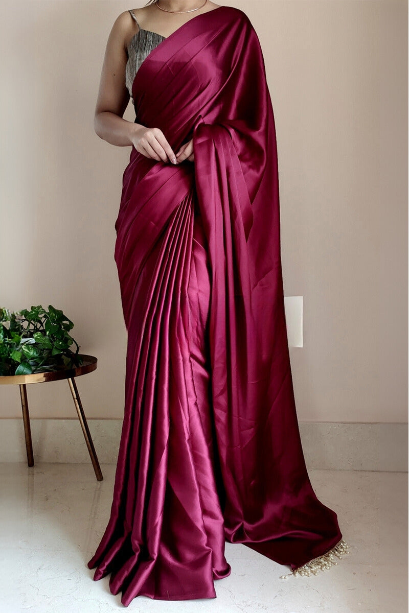 Embrocation 1-Minute Ready To Wear Wine Satin Silk Saree - thelotusfab