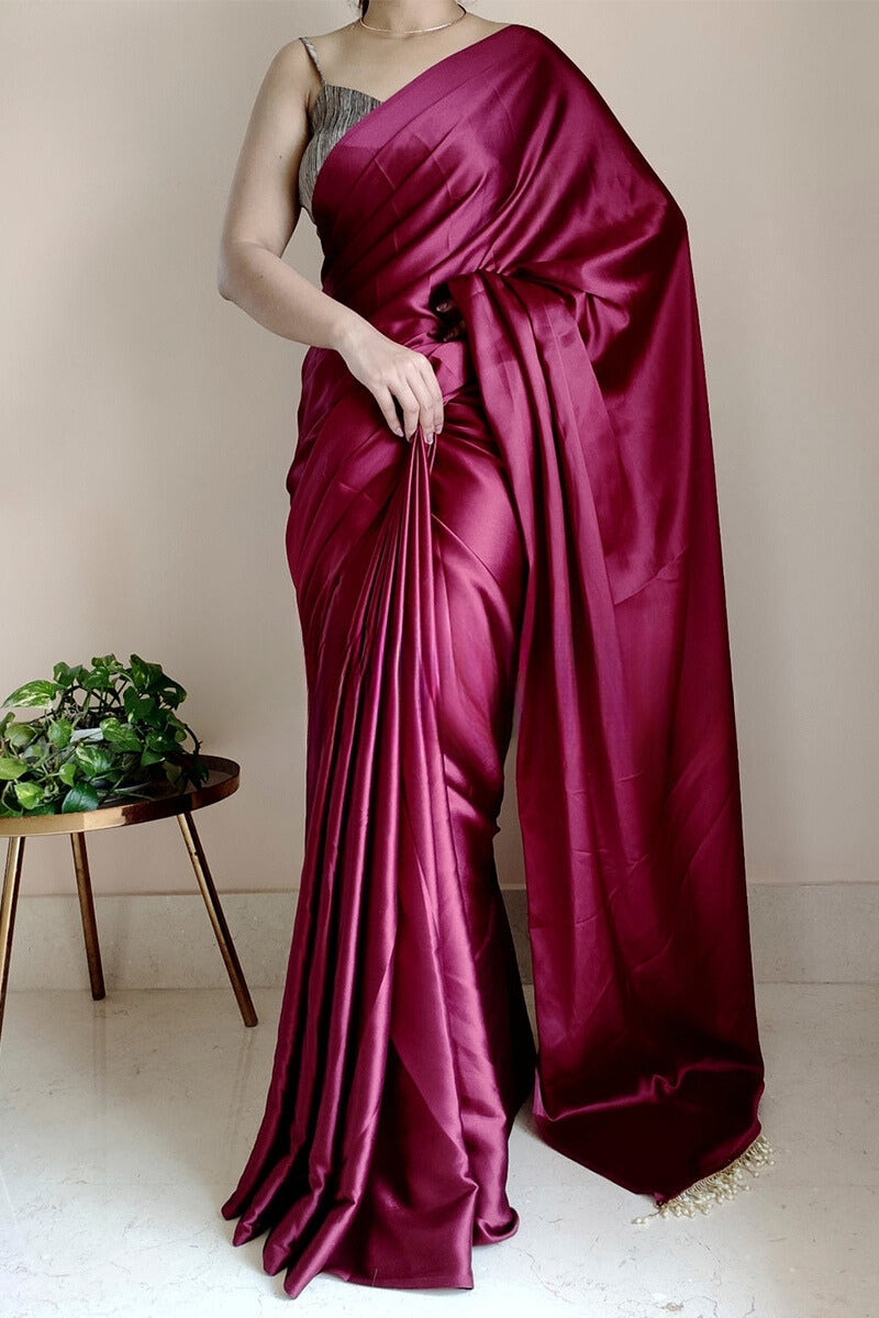 Embrocation 1-Minute Ready To Wear Wine Satin Silk Saree - thelotusfab