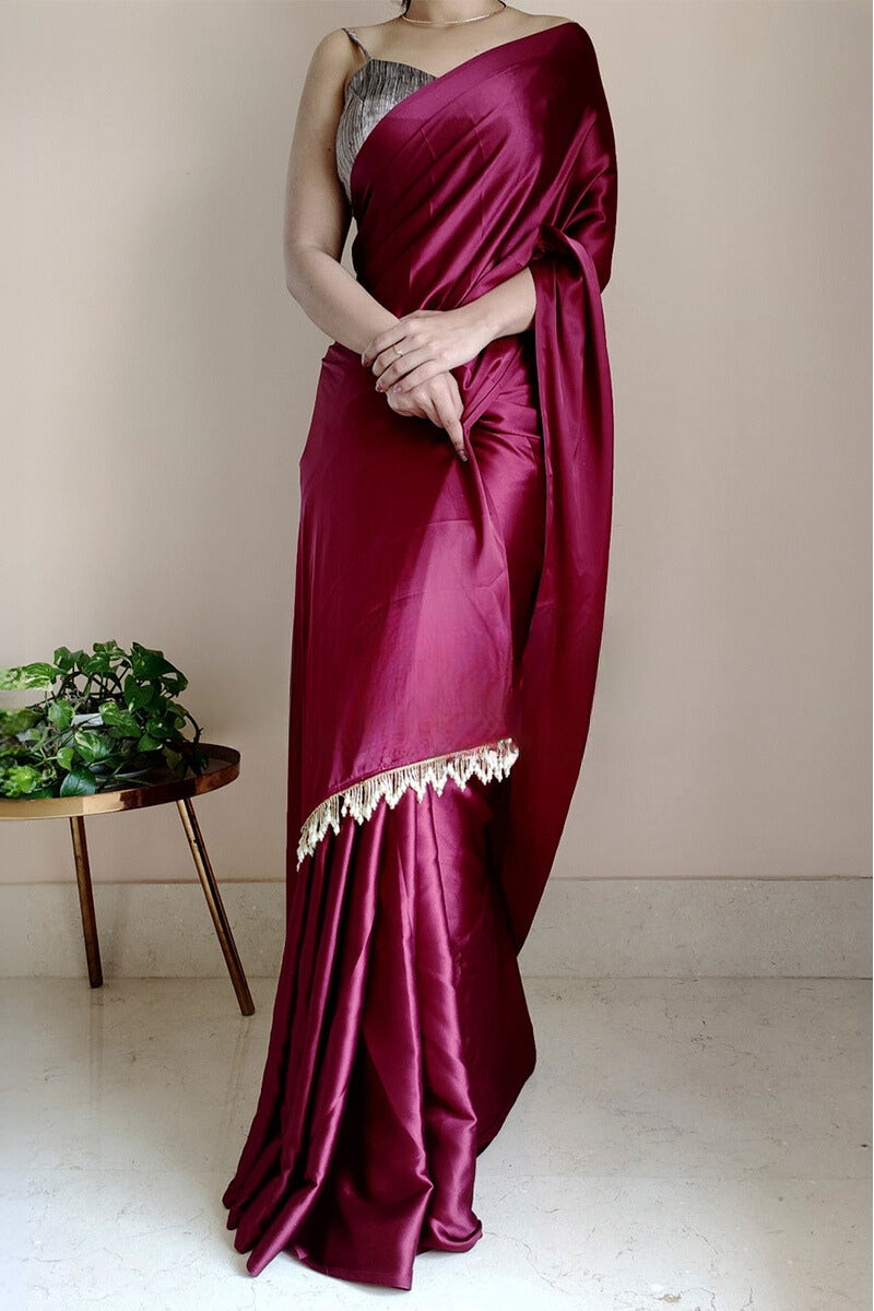 Embrocation 1-Minute Ready To Wear Wine Satin Silk Saree - thelotusfab