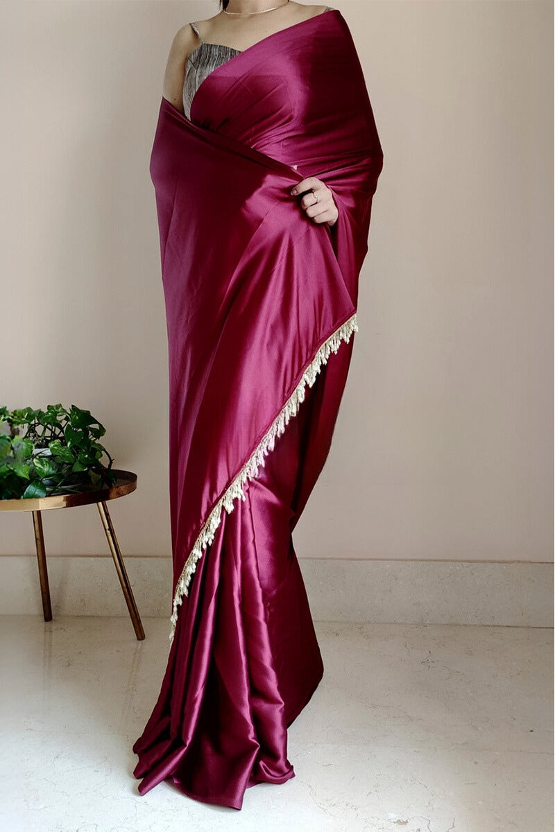 Embrocation 1-Minute Ready To Wear Wine Satin Silk Saree - thelotusfab