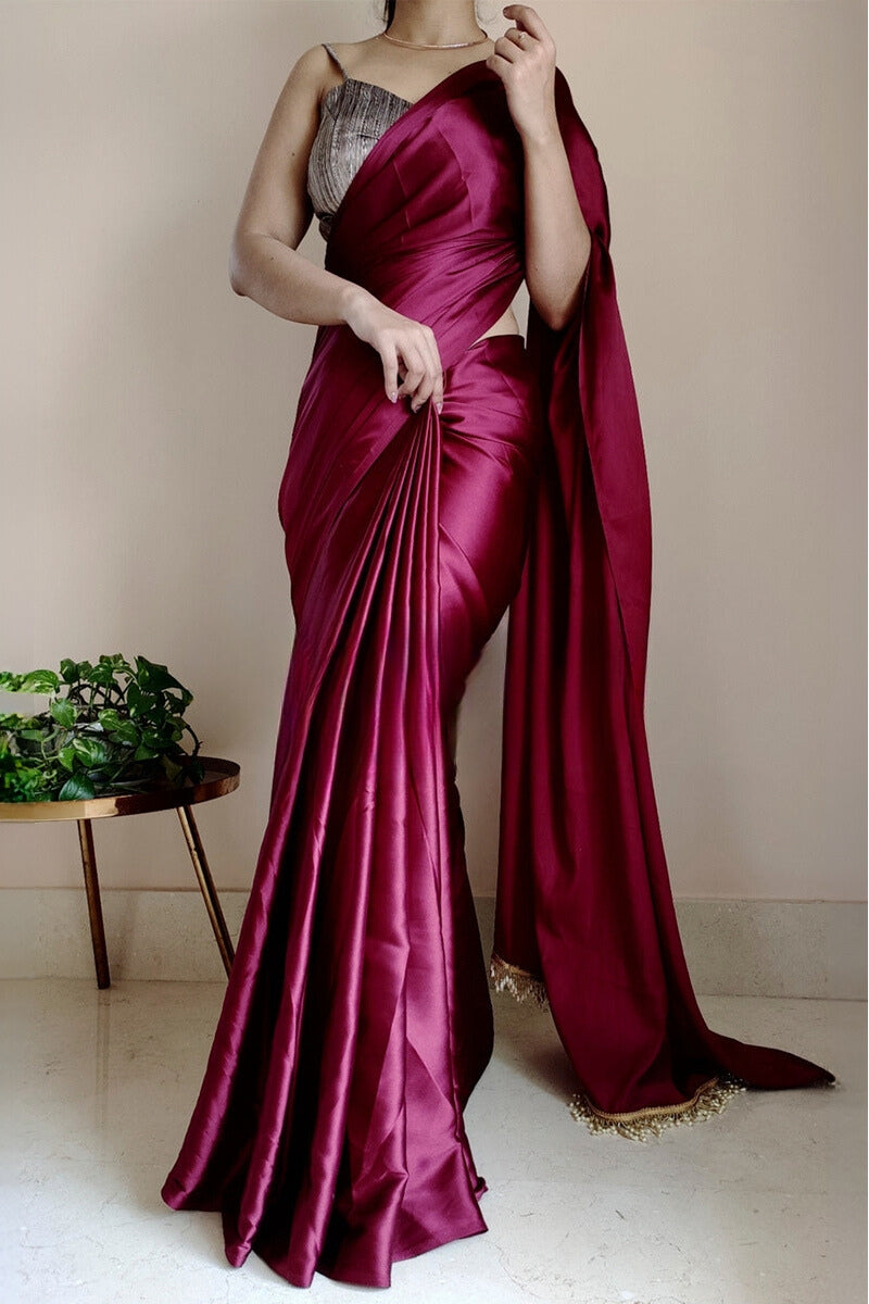 Embrocation 1-Minute Ready To Wear Wine Satin Silk Saree - thelotusfab