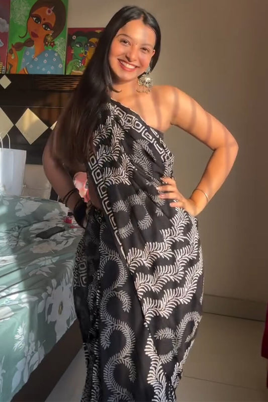 Excellent 1 Minute Ready To Wear Black Mul Cotton Digital Printed Saree With Pocket