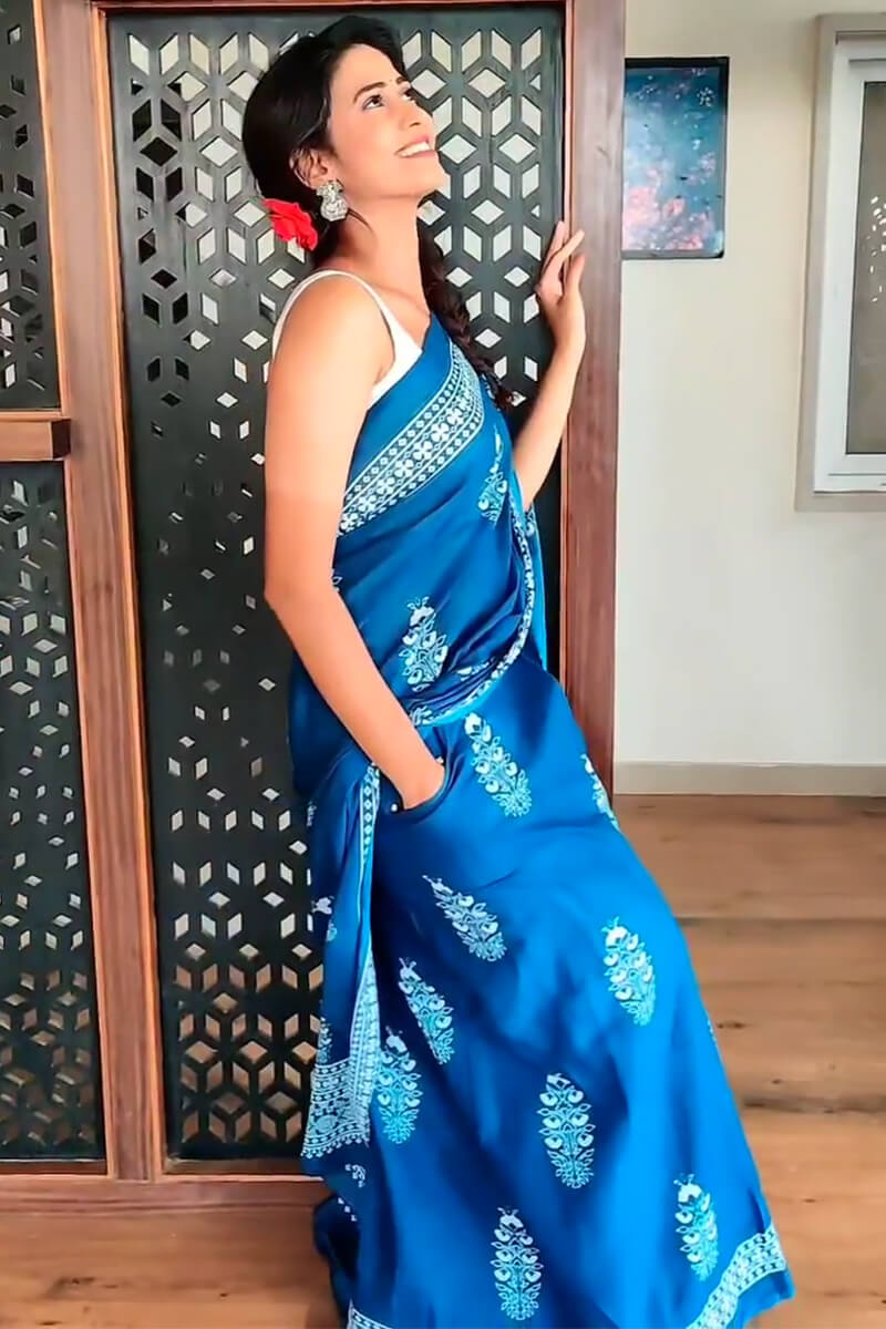 Gratifying 1 Minute Ready To Wear Blue Mul Cotton Digital Printed Saree With Pocket