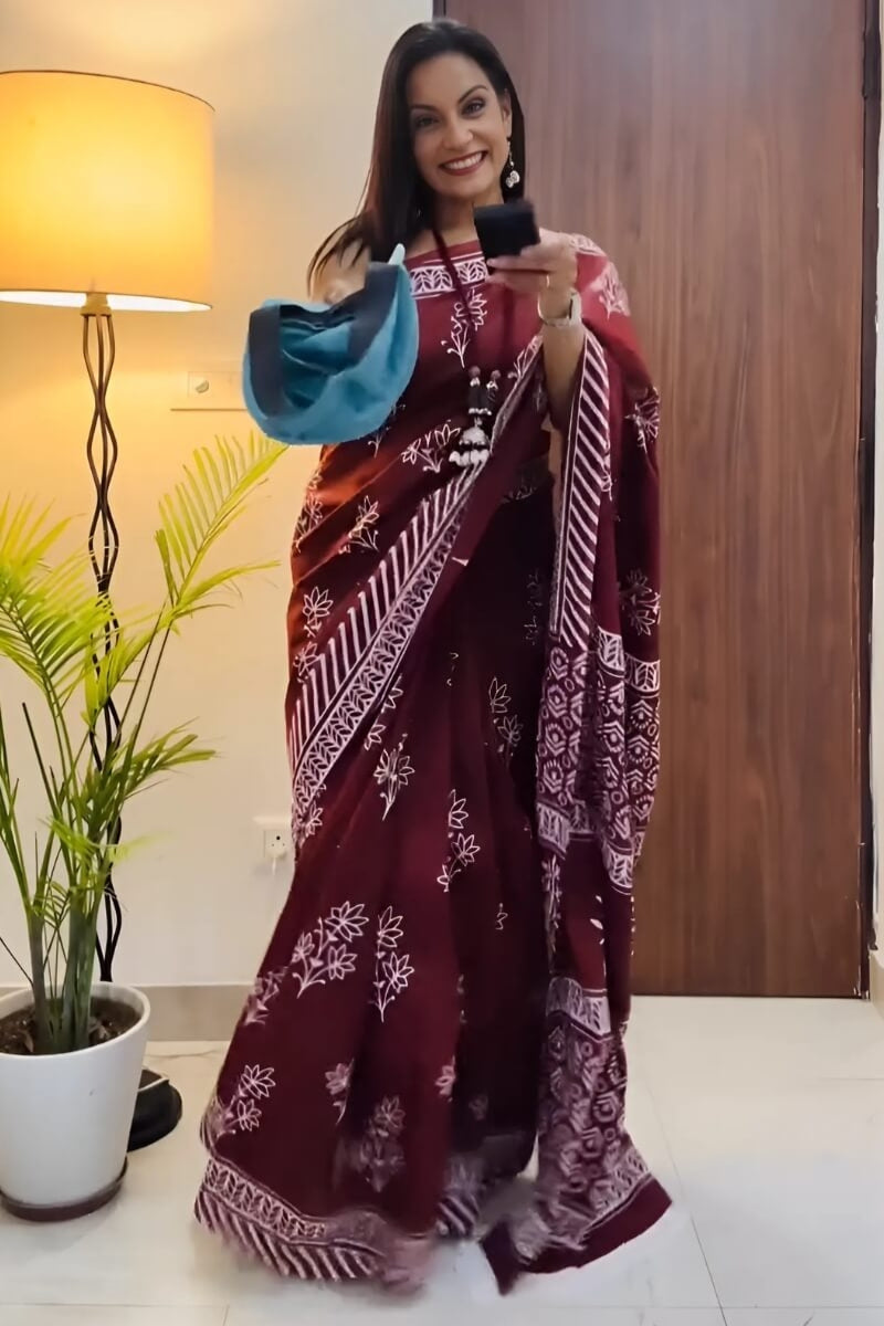 Ephemeral 1 Minute Ready To Wear Wine Mul Cotton Digital Printed Saree