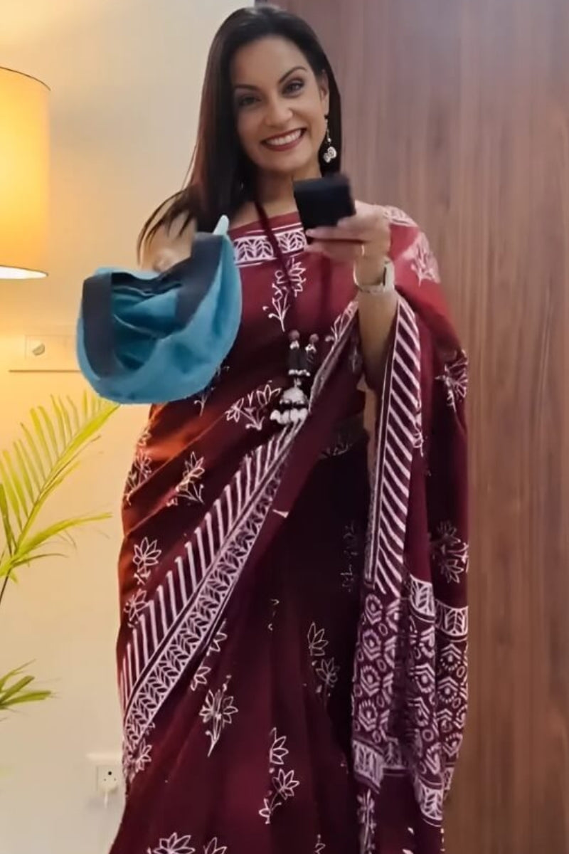 Ephemeral 1 Minute Ready To Wear Wine Mul Cotton Digital Printed Saree