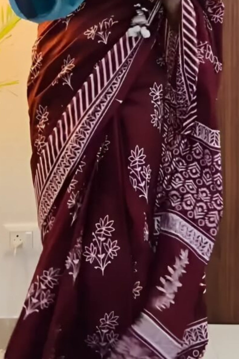 Ephemeral 1 Minute Ready To Wear Wine Mul Cotton Digital Printed Saree