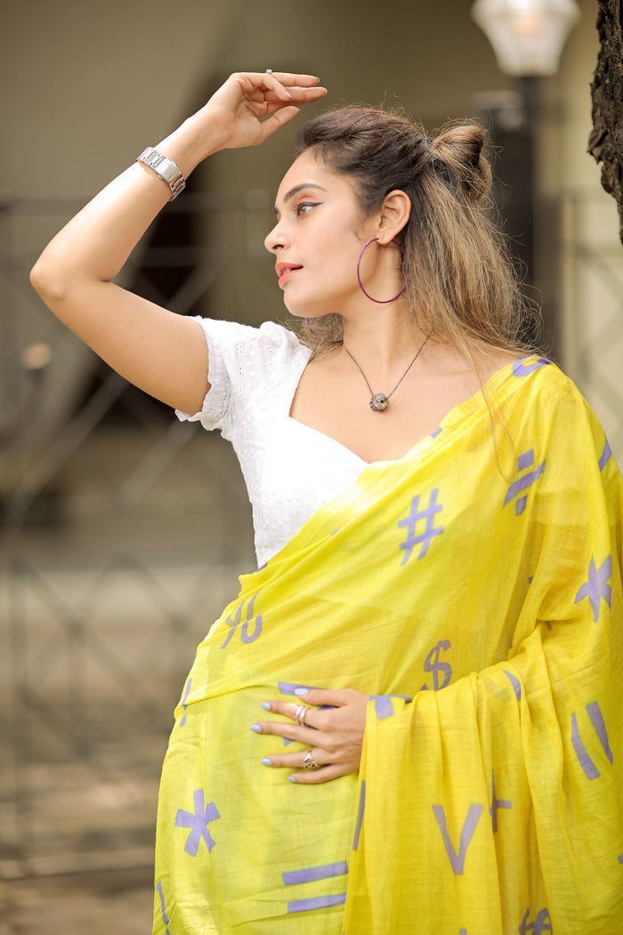 Mellifluous 1 Minute Ready To Wear Yellow Mul Cotton Digital Printed Saree