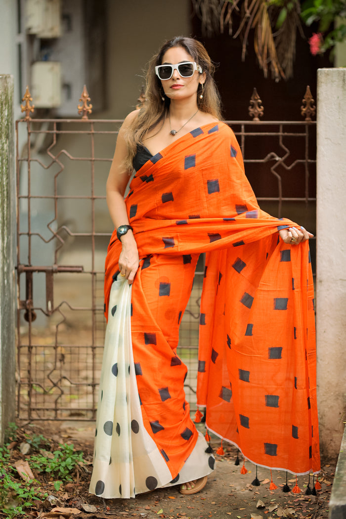 Surpassing 1 Minute Ready To Wear Orange Mul Cotton Digital Printed Saree