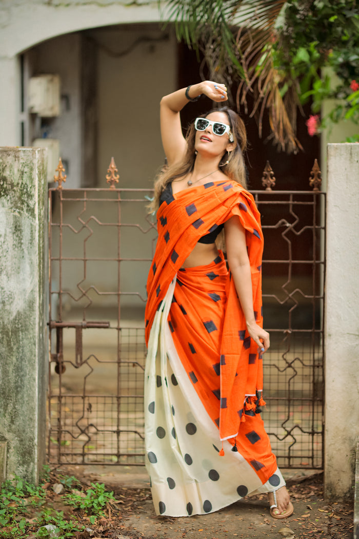 Surpassing 1 Minute Ready To Wear Orange Mul Cotton Digital Printed Saree