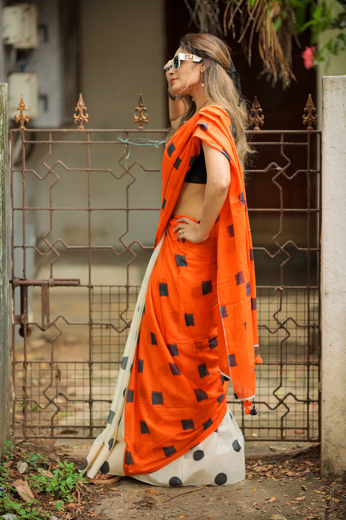Surpassing 1 Minute Ready To Wear Orange Mul Cotton Digital Printed Saree