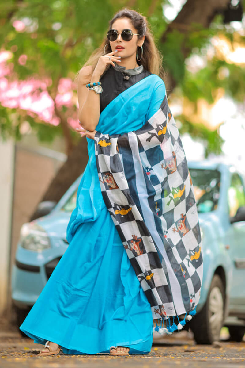 Blooming 1 Minute Ready To Wear Firozi Mul Cotton Digital Printed Saree