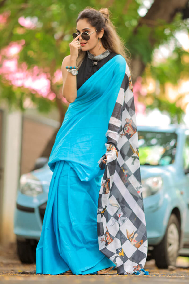 Blooming 1 Minute Ready To Wear Firozi Mul Cotton Digital Printed Saree