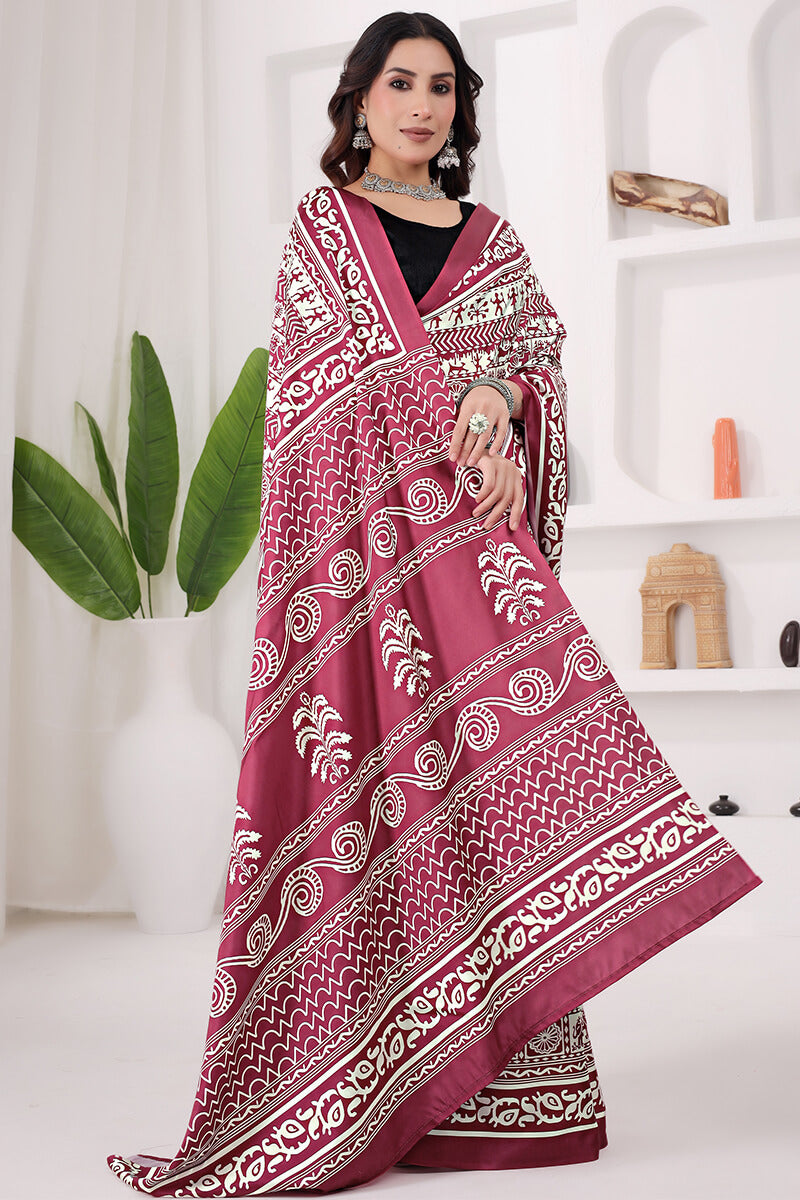 Twirling Maroon 1 Minute Ready To Wear Digital Printed Crape Silk Saree
