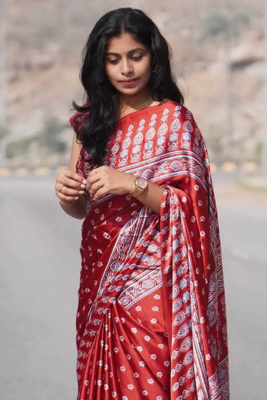 Bucolic Maroon 1 Minute Ready To Wear Digital Printed Crape Silk Saree