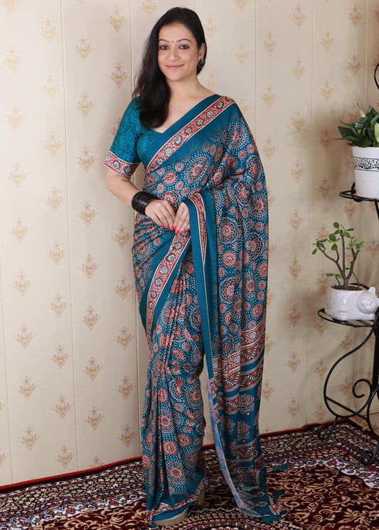 Captivating Rama 1 Minute Ready To Wear Digital Printed Crape Silk Saree