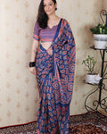 Flattering Blue 1 Minute Ready To Wear Digital Printed Crape Silk Saree