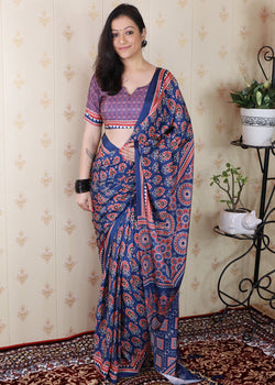 Flattering Blue 1 Minute Ready To Wear Digital Printed Crape Silk Saree