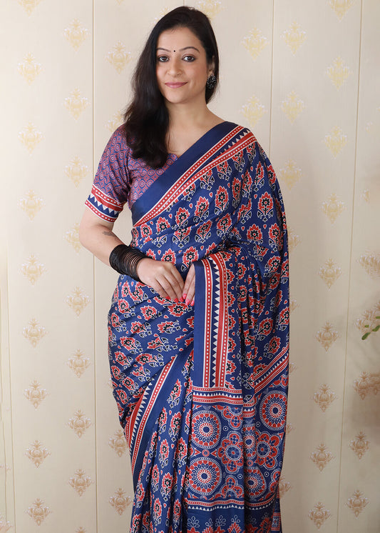 Flattering Blue 1 Minute Ready To Wear Digital Printed Crape Silk Saree