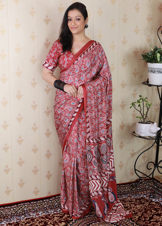 Trendy Red 1 Minute Ready To Wear Digital Printed Crape Silk Saree