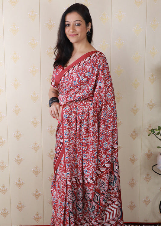 Trendy Red 1 Minute Ready To Wear Digital Printed Crape Silk Saree