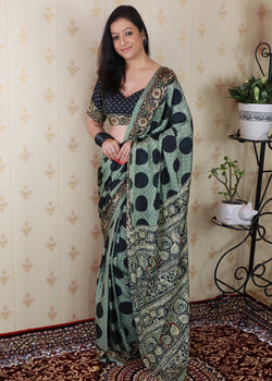 Refreshing Sea Green 1 Minute Ready To Wear Digital Printed Crape Silk Saree