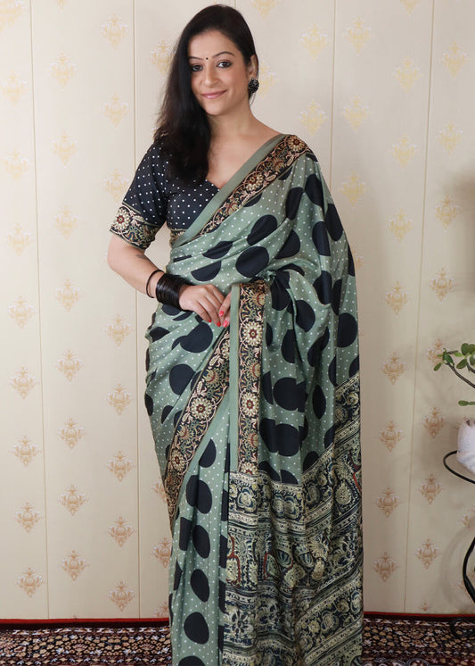 Refreshing Sea Green 1 Minute Ready To Wear Digital Printed Crape Silk Saree