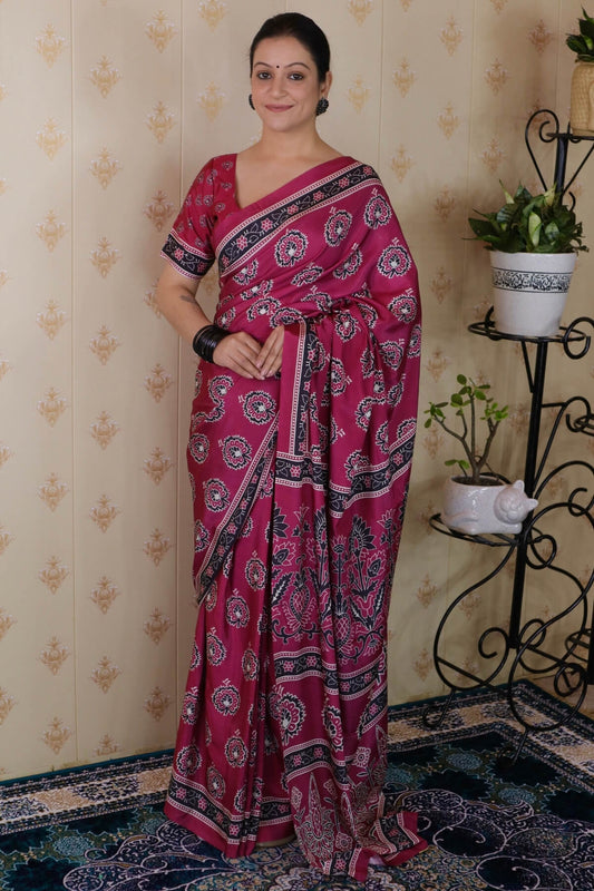 Lassitude Dark Pink 1 Minute Ready To Wear Digital Printed Crape Silk Saree