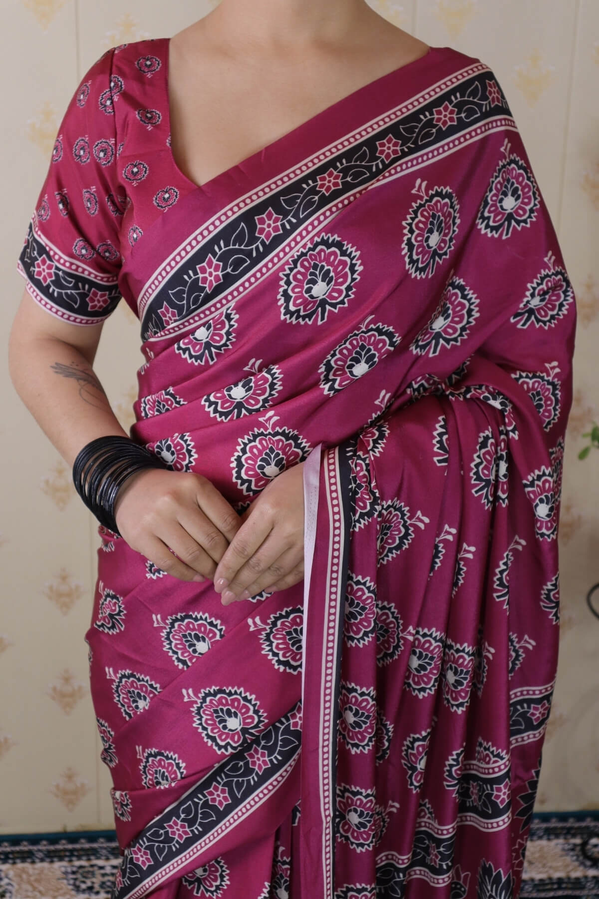 Lassitude Dark Pink 1 Minute Ready To Wear Digital Printed Crape Silk ...