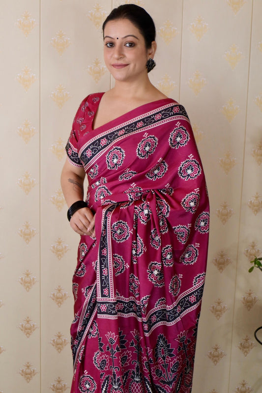 Lassitude Dark Pink 1 Minute Ready To Wear Digital Printed Crape Silk Saree