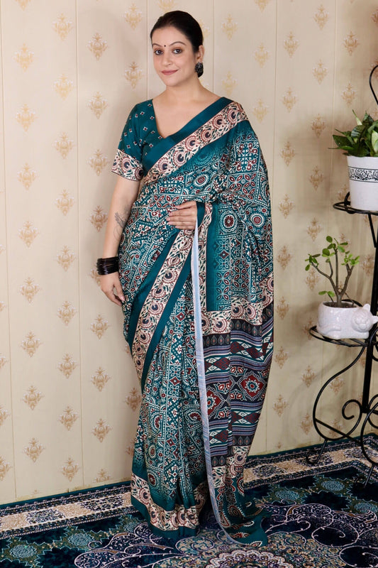 Blissful Rama 1 Minute Ready To Wear Digital Printed Crape Silk Saree
