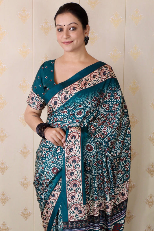 Blissful Rama 1 Minute Ready To Wear Digital Printed Crape Silk Saree