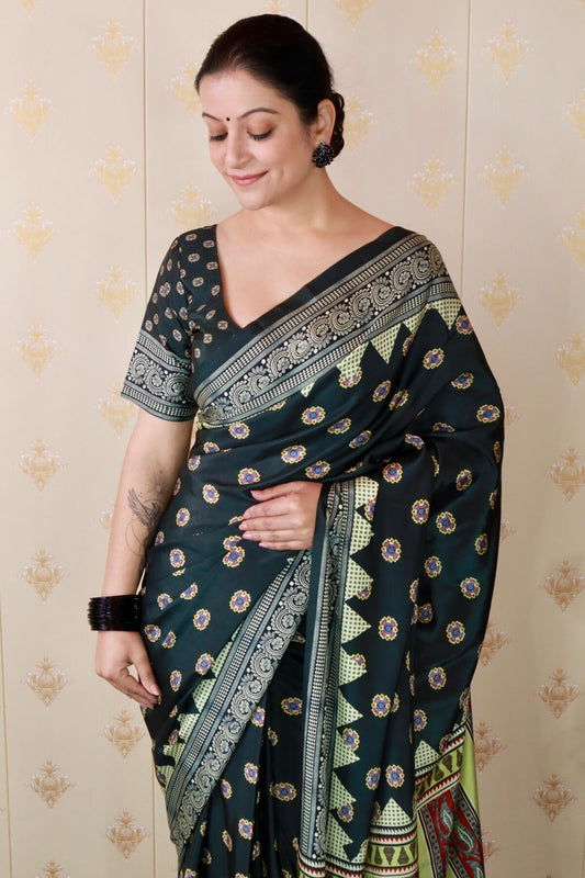 Precious Black 1 Minute Ready To Wear Digital Printed Crape Silk Saree