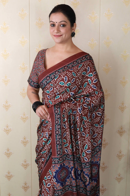 Impressive Brown 1 Minute Ready To Wear Digital Printed Crape Silk Saree