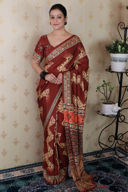 Vestigial Brown 1 Minute Ready To Wear Digital Printed Crape Silk Saree