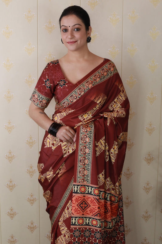 Vestigial Brown 1 Minute Ready To Wear Digital Printed Crape Silk Saree