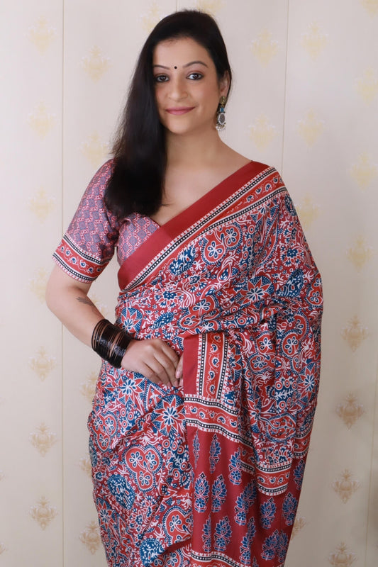Dazzling Red 1 Minute Ready To Wear Digital Printed Crape Silk Saree