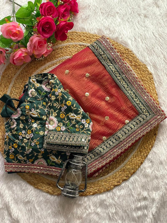 Chatoyant Red Cursh Silk Saree With Stunner Stitched Blouse