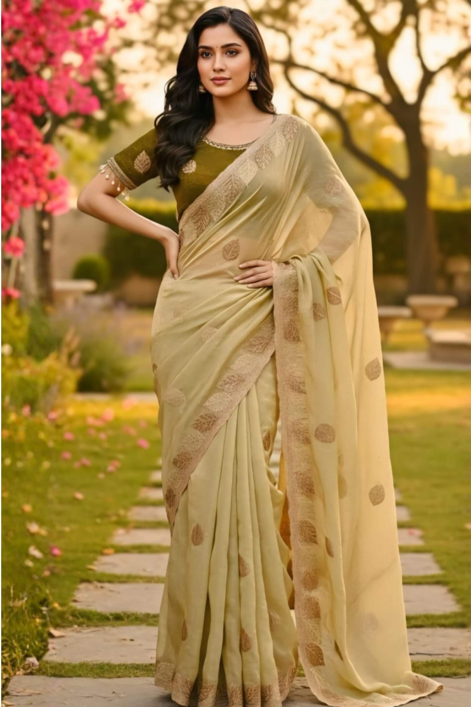 Lagniappe 1-Minute Ready To Wear Beige Fancy Silk Saree With Stitched Blouse