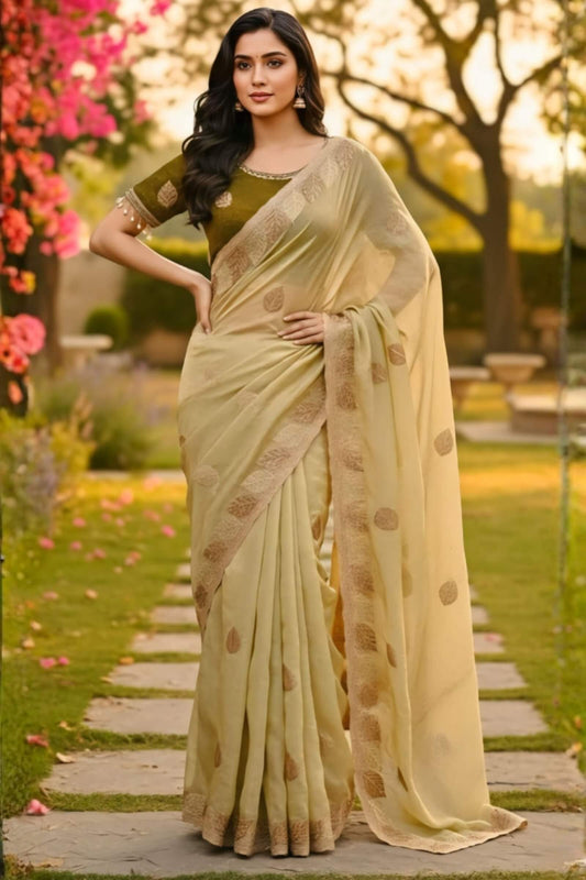 Ineffable Beige Fancy Silk Embroidery Work Saree With Stitched Blouse