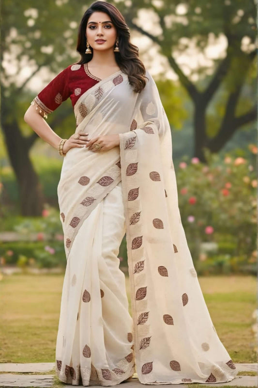 Lagniappe Off White Fancy Silk Embroidery Work Saree With Stitched Blouse